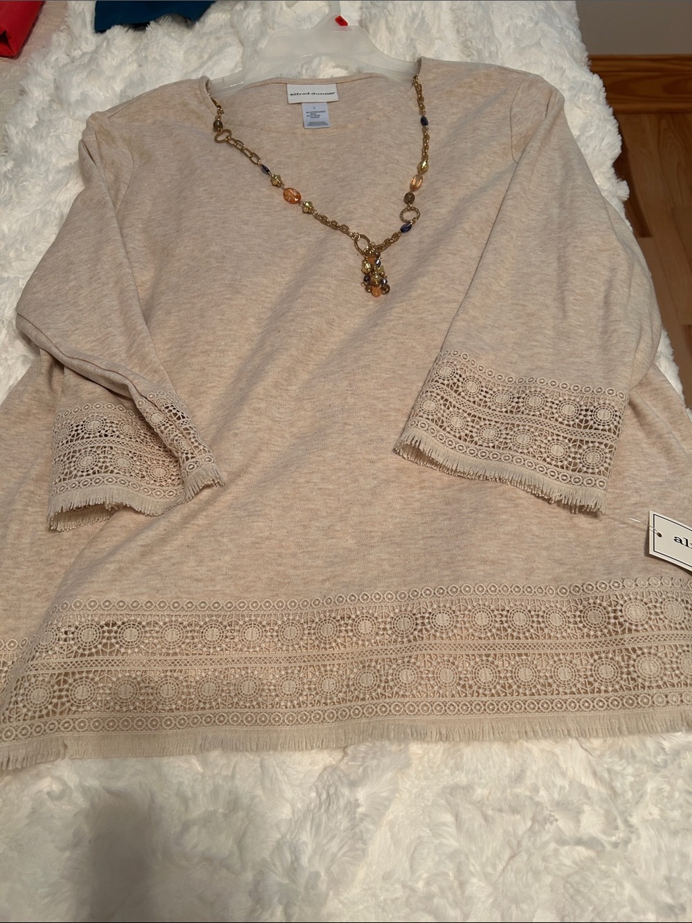 Alfred Dunner Beige Crochet-Trim Tunic